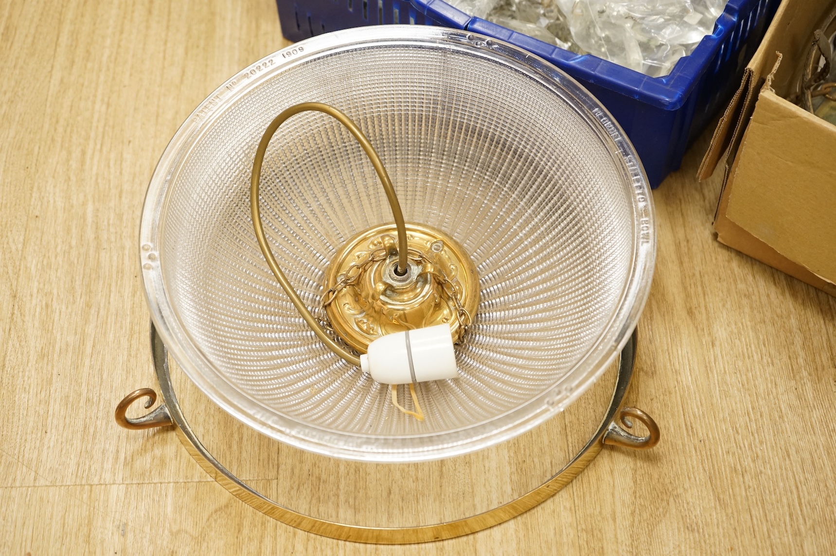A collection of lustre drops, and a Holophane pressed glass ceiling shade, latter 30cm